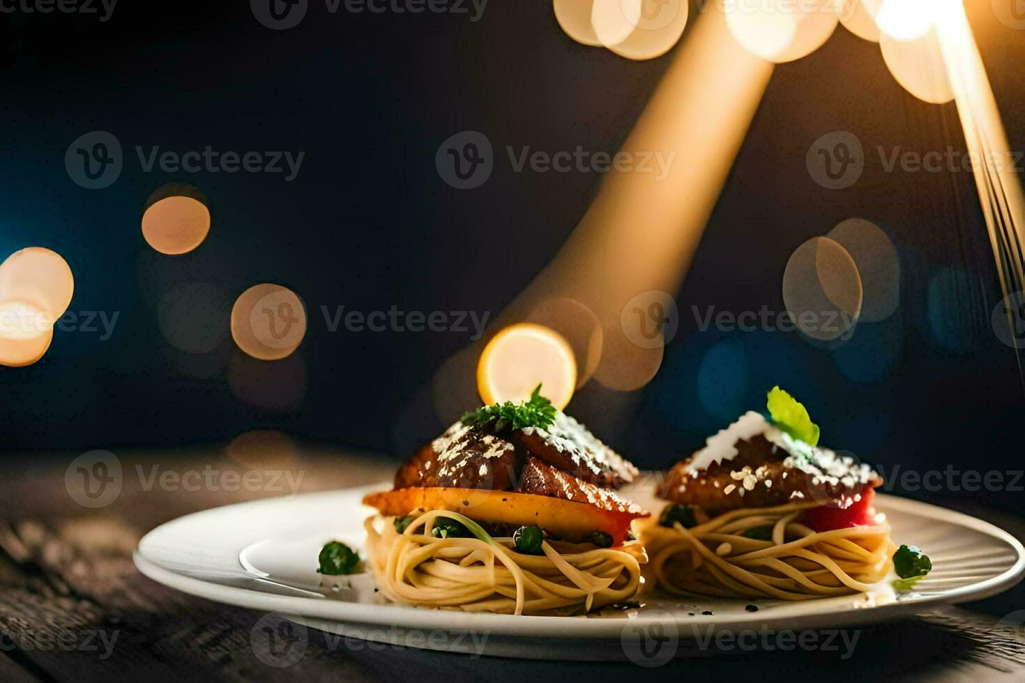 two plates with spaghetti and meat on a wooden table. AI-Generated photo