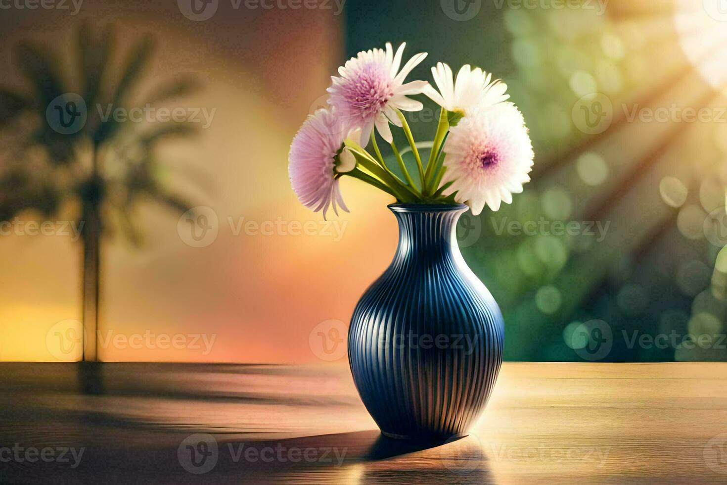 a vase with flowers on a table in front of a window. AI-Generated photo