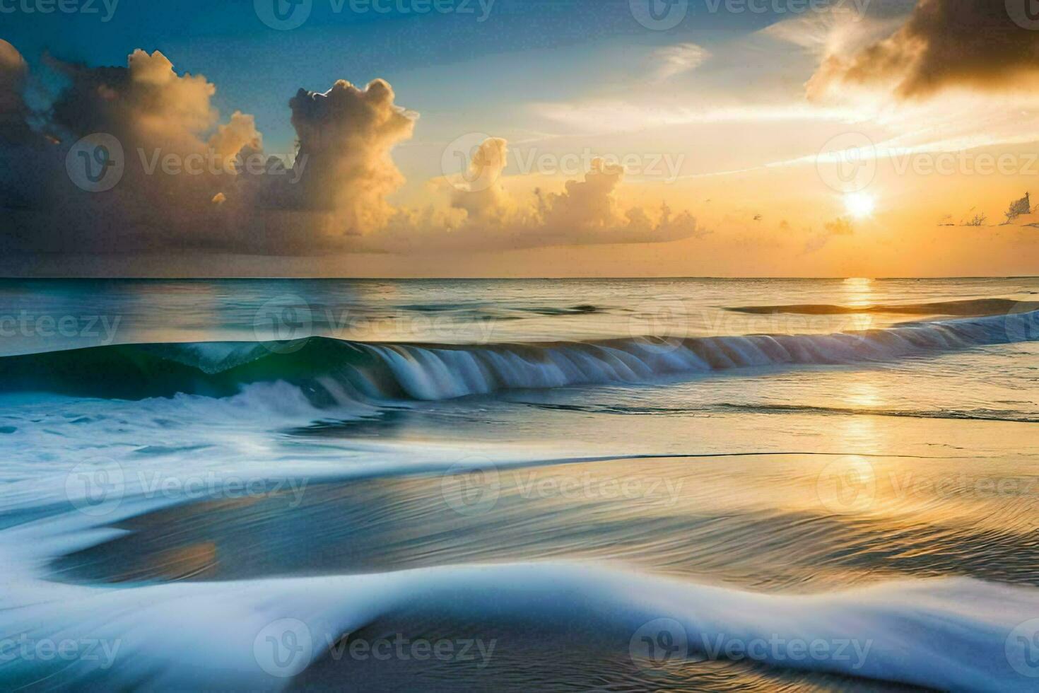 the sun sets over the ocean and waves. AI-Generated photo