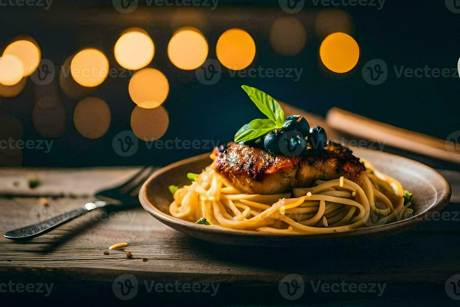 chicken with pasta and blueberries on a wooden table. AI-Generated photo