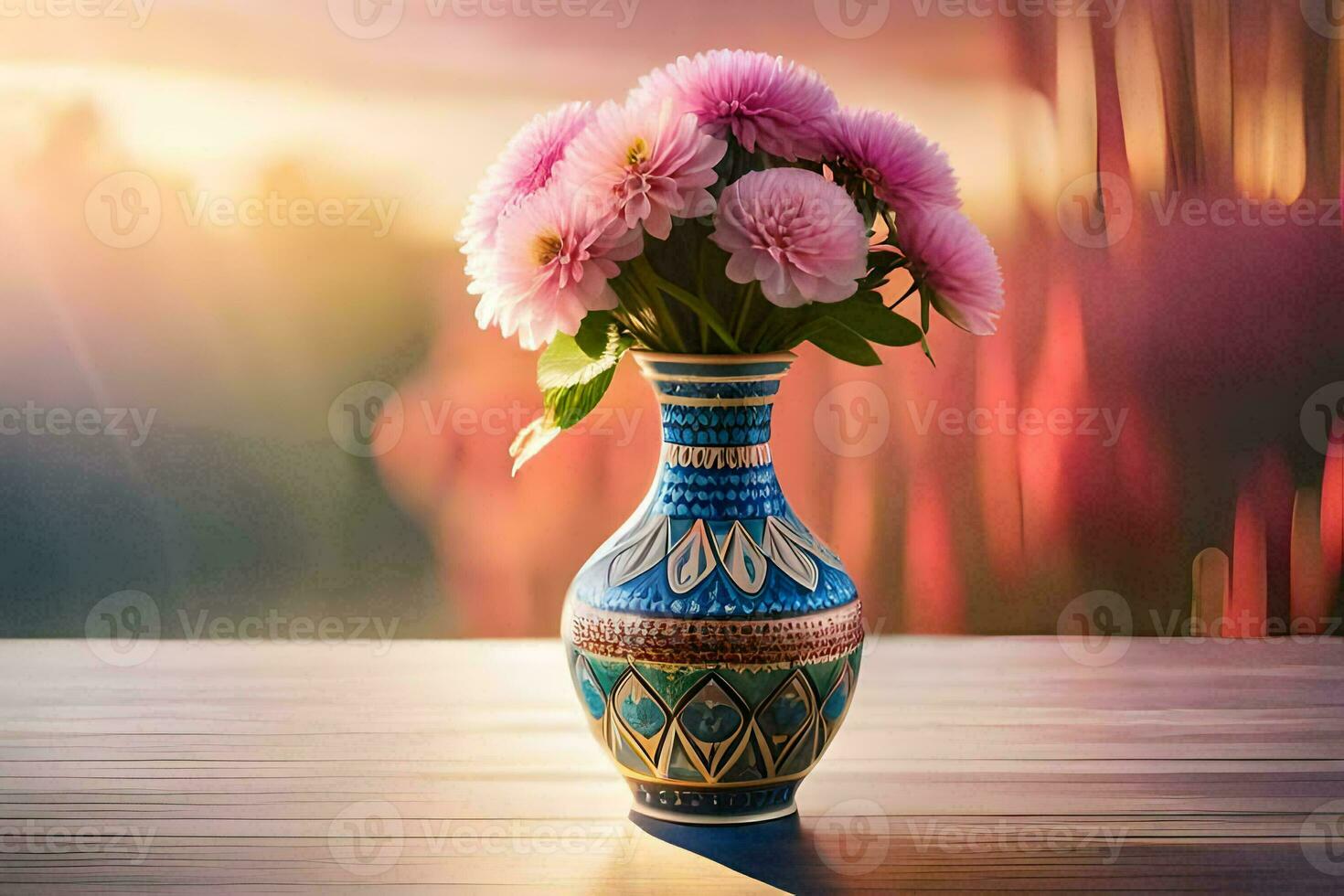 a vase with pink flowers on a table. AI-Generated photo