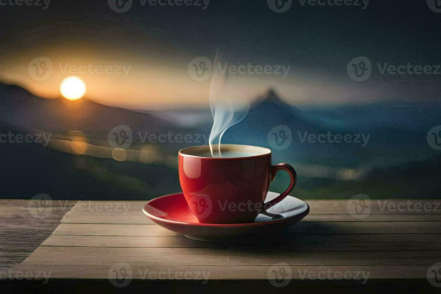 a cup of coffee on a wooden table with a mountain in the background. AI-Generated photo