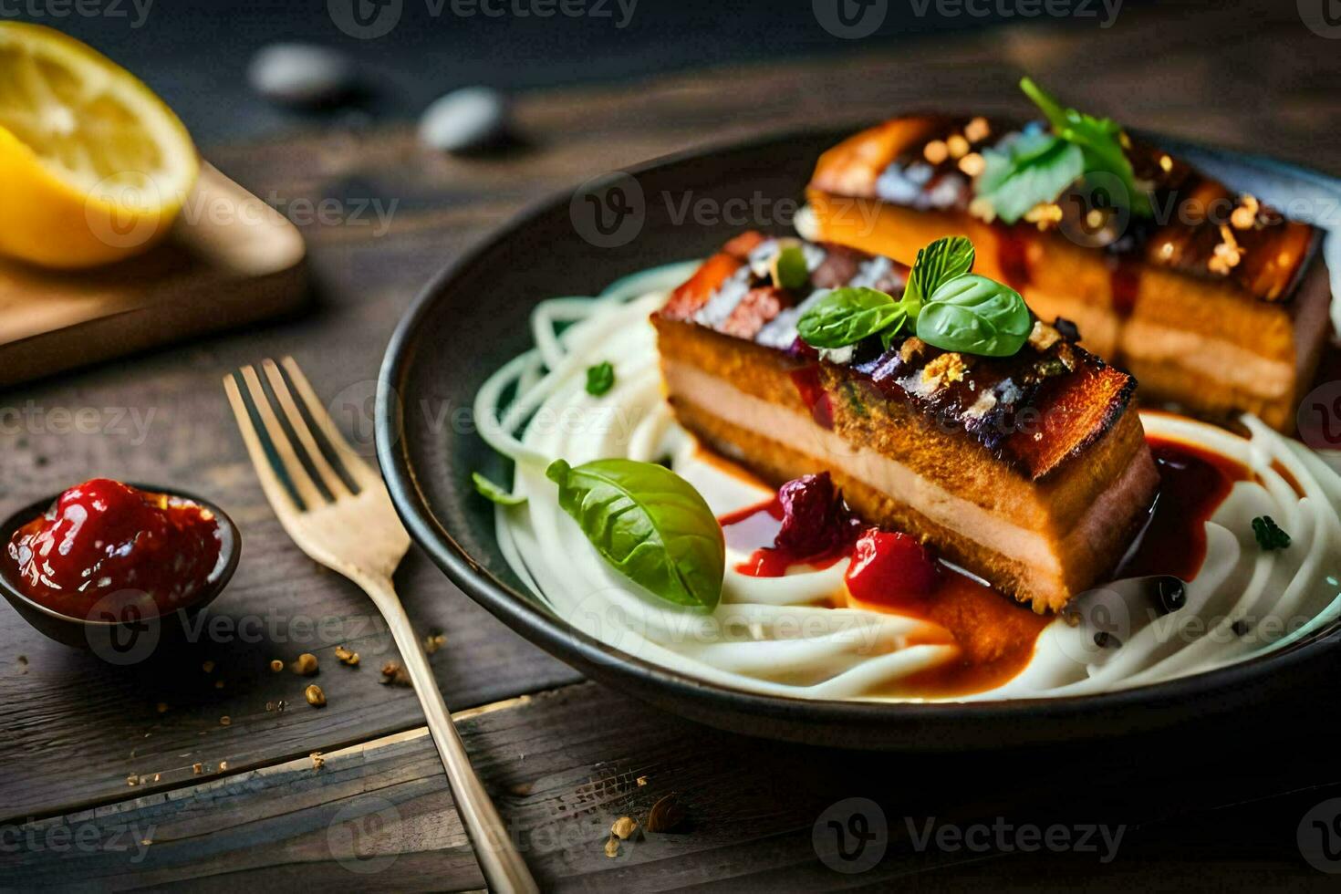 a plate of food with noodles and meat. AI-Generated photo