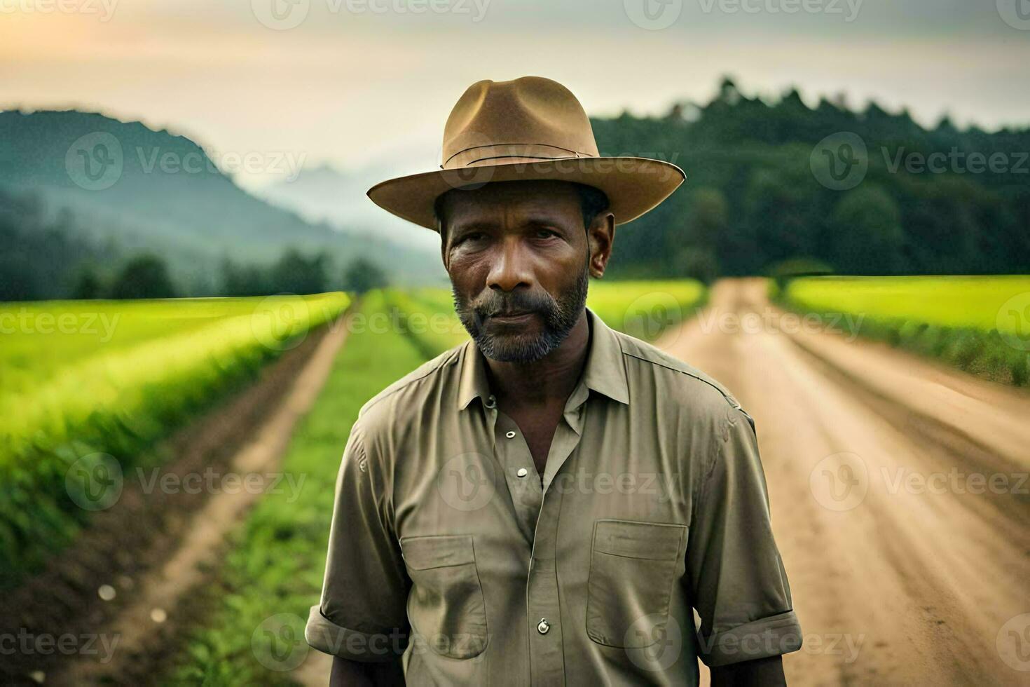 a man in a hat standing in a dirt road. AI-Generated photo