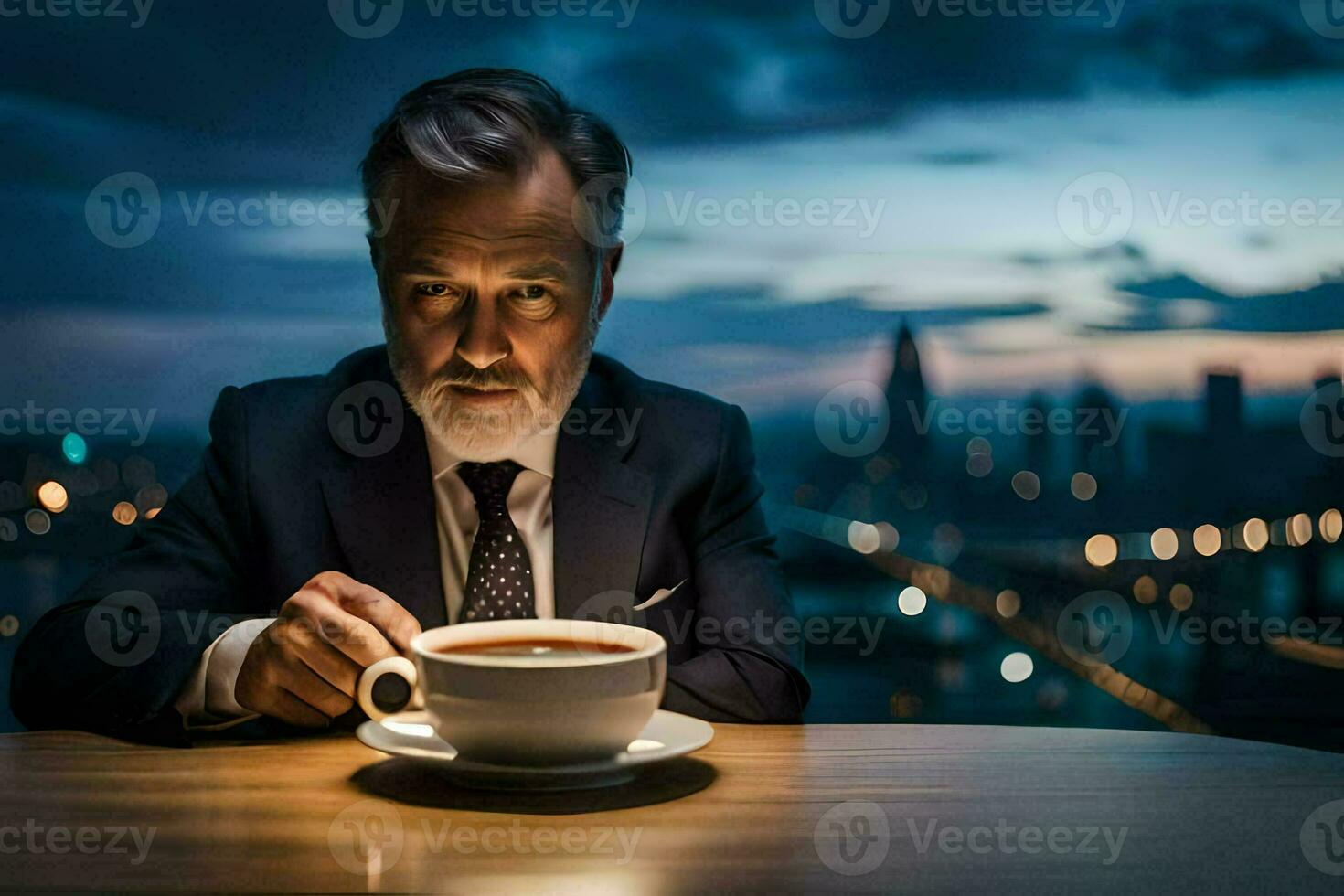 a man in a suit and tie sitting at a table with a cup of coffee. AI-Generated photo