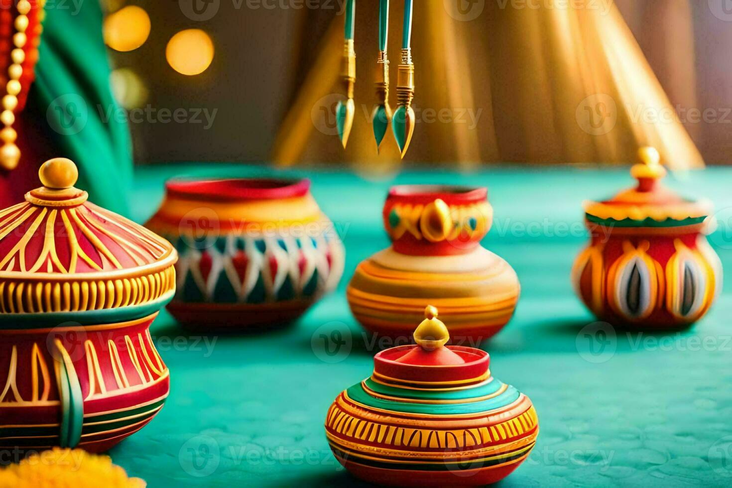 colorful indian pottery on a table. AI-Generated photo