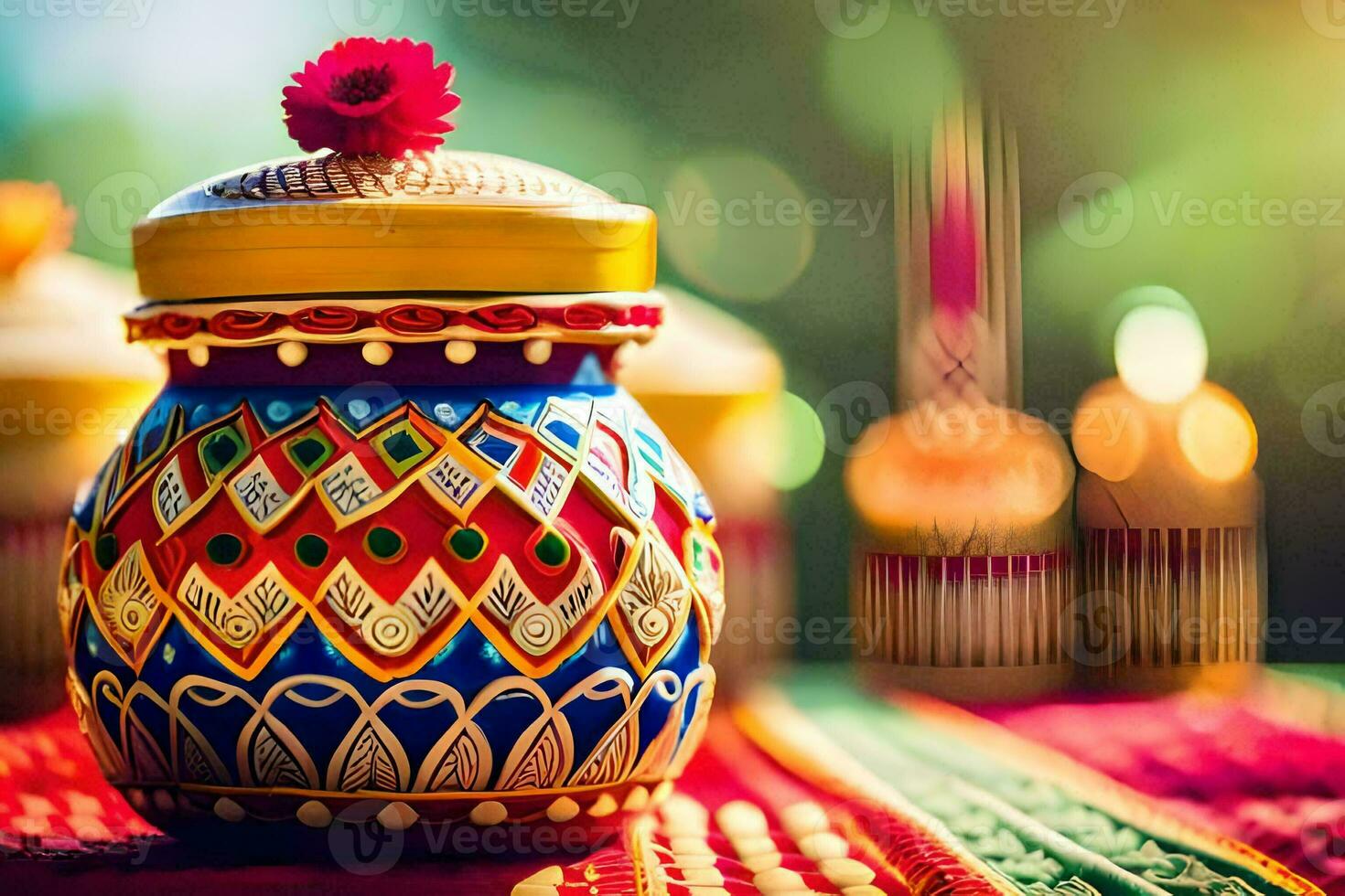colorful pot with a red flower on top. AI-Generated photo