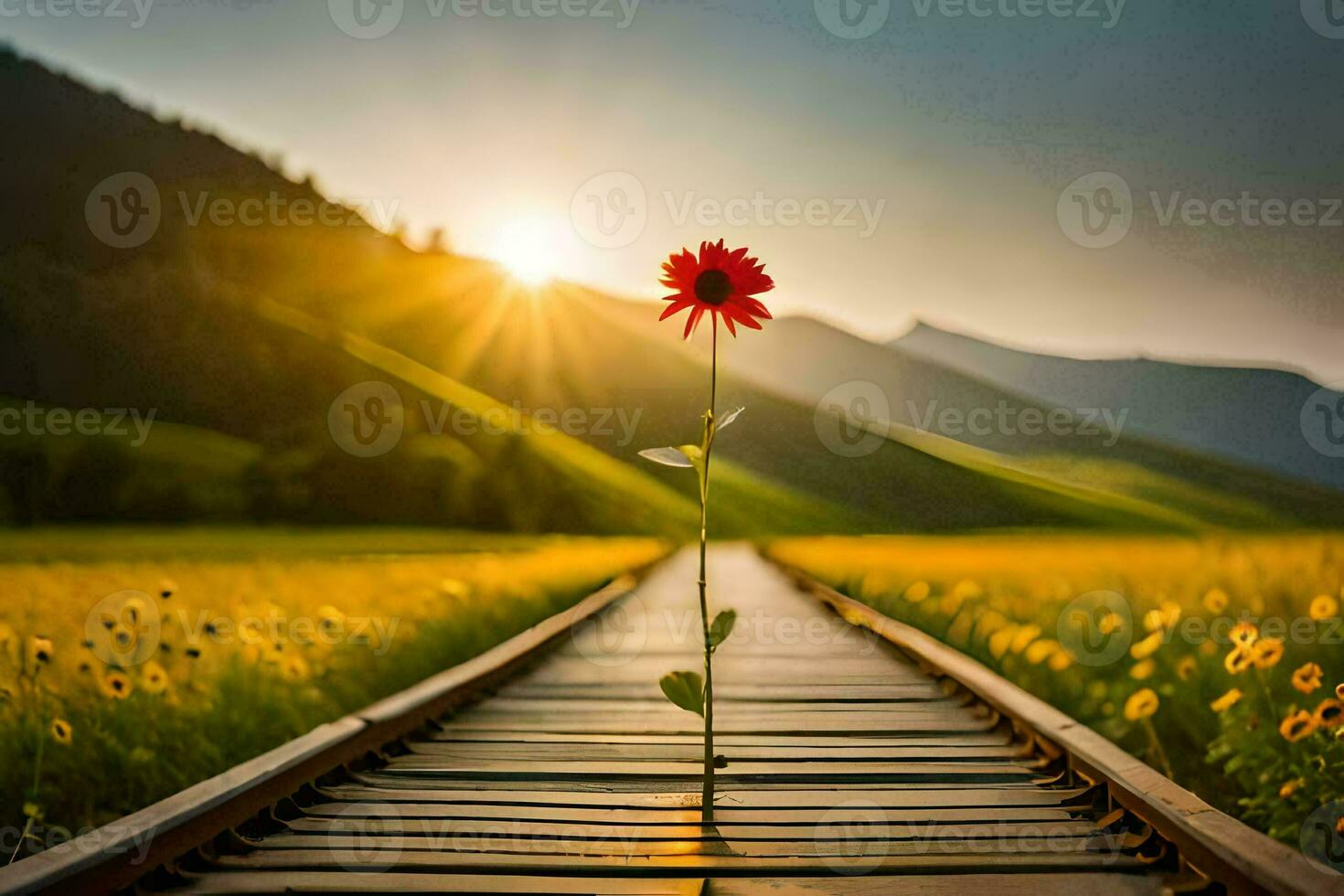 a red flower stands alone on a wooden track in the middle of a field. AI-Generated photo