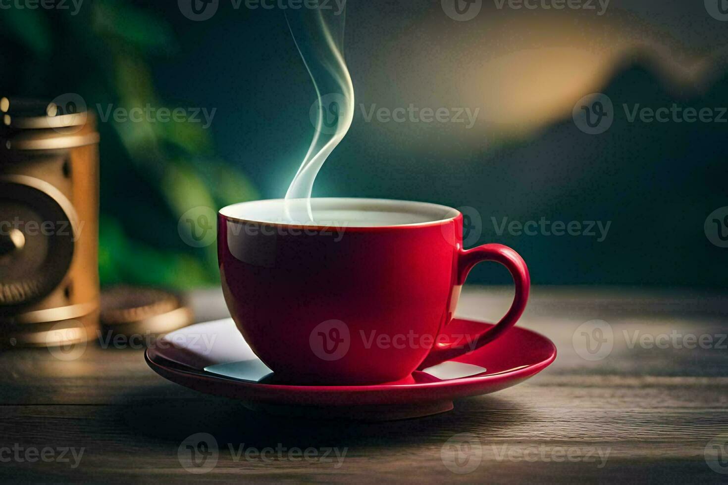 a cup of coffee on a wooden table. AI-Generated photo