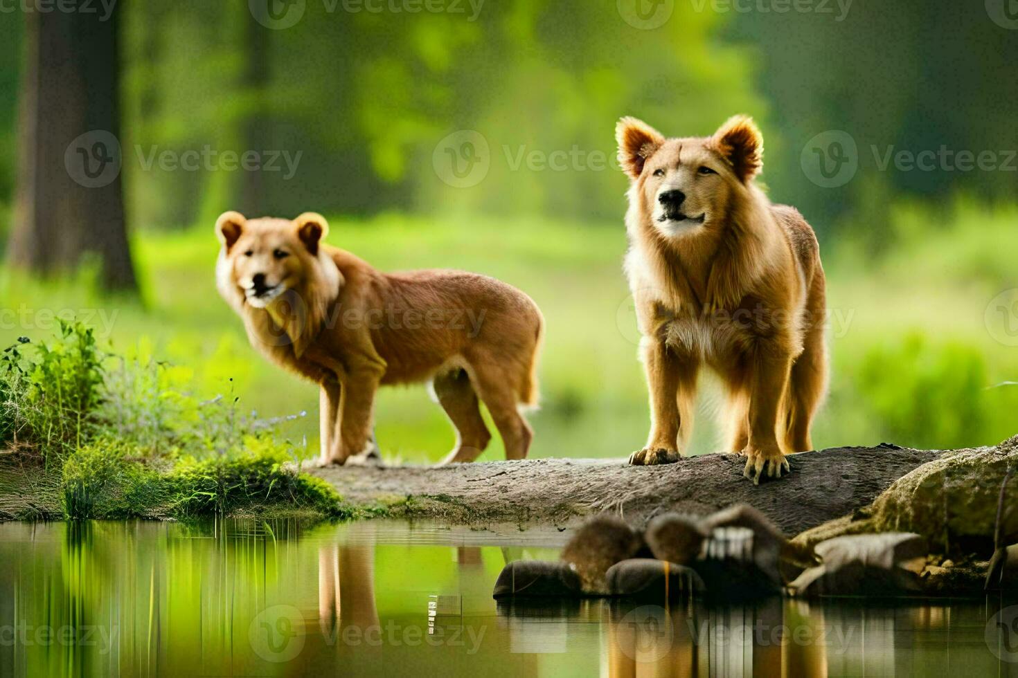 two dogs standing on a log near a pond. AI-Generated photo