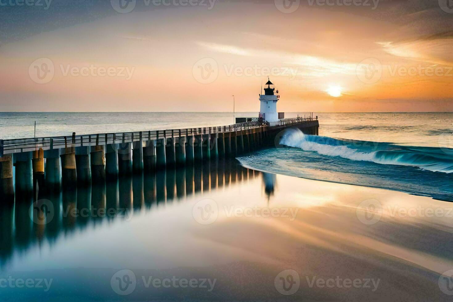 a lighthouse is seen at sunset on the ocean. AI-Generated photo