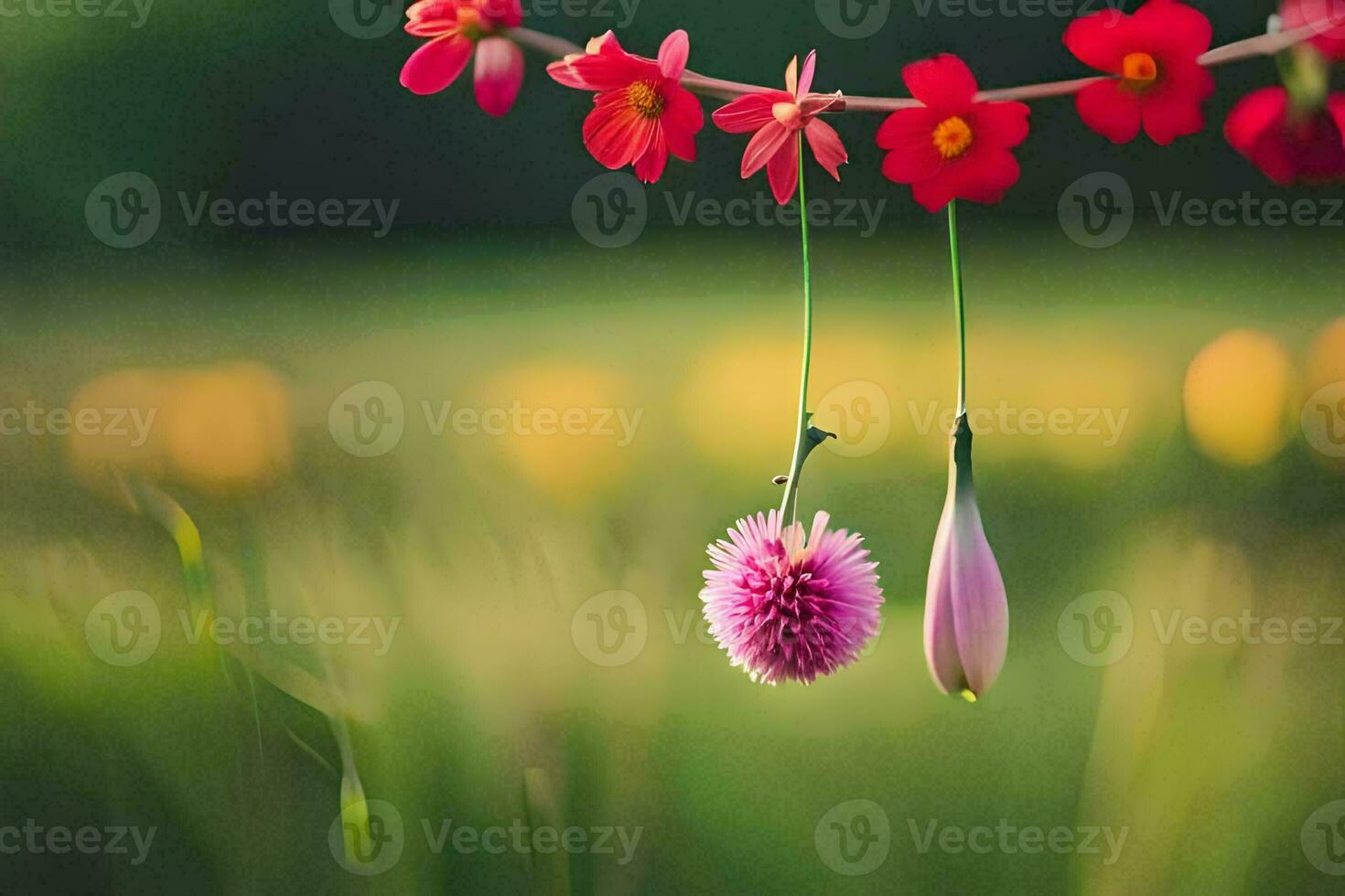 two pink flowers hanging from a vine in a field. AI-Generated photo