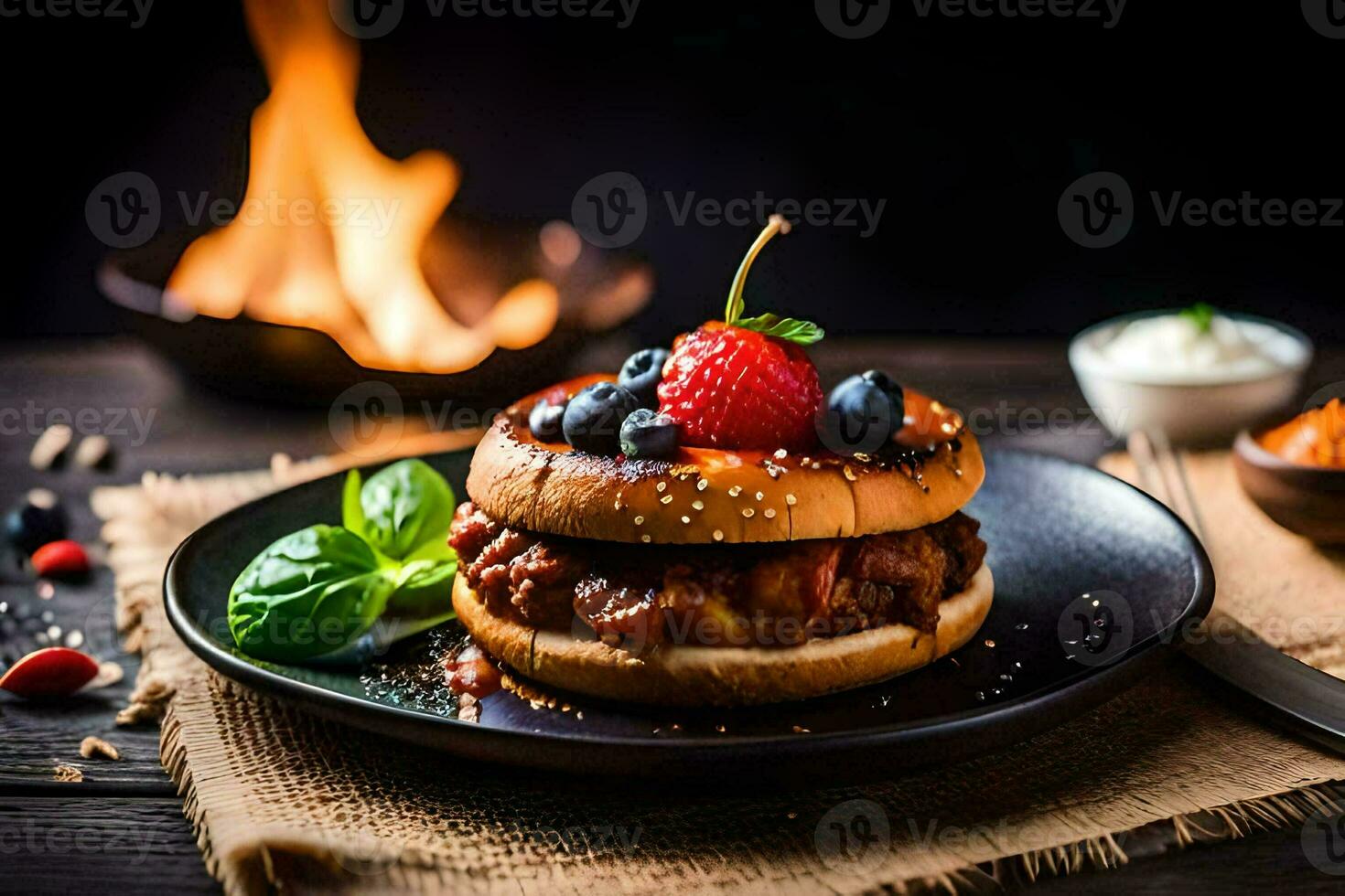 a hamburger with berries and cheese on a plate. AI-Generated photo