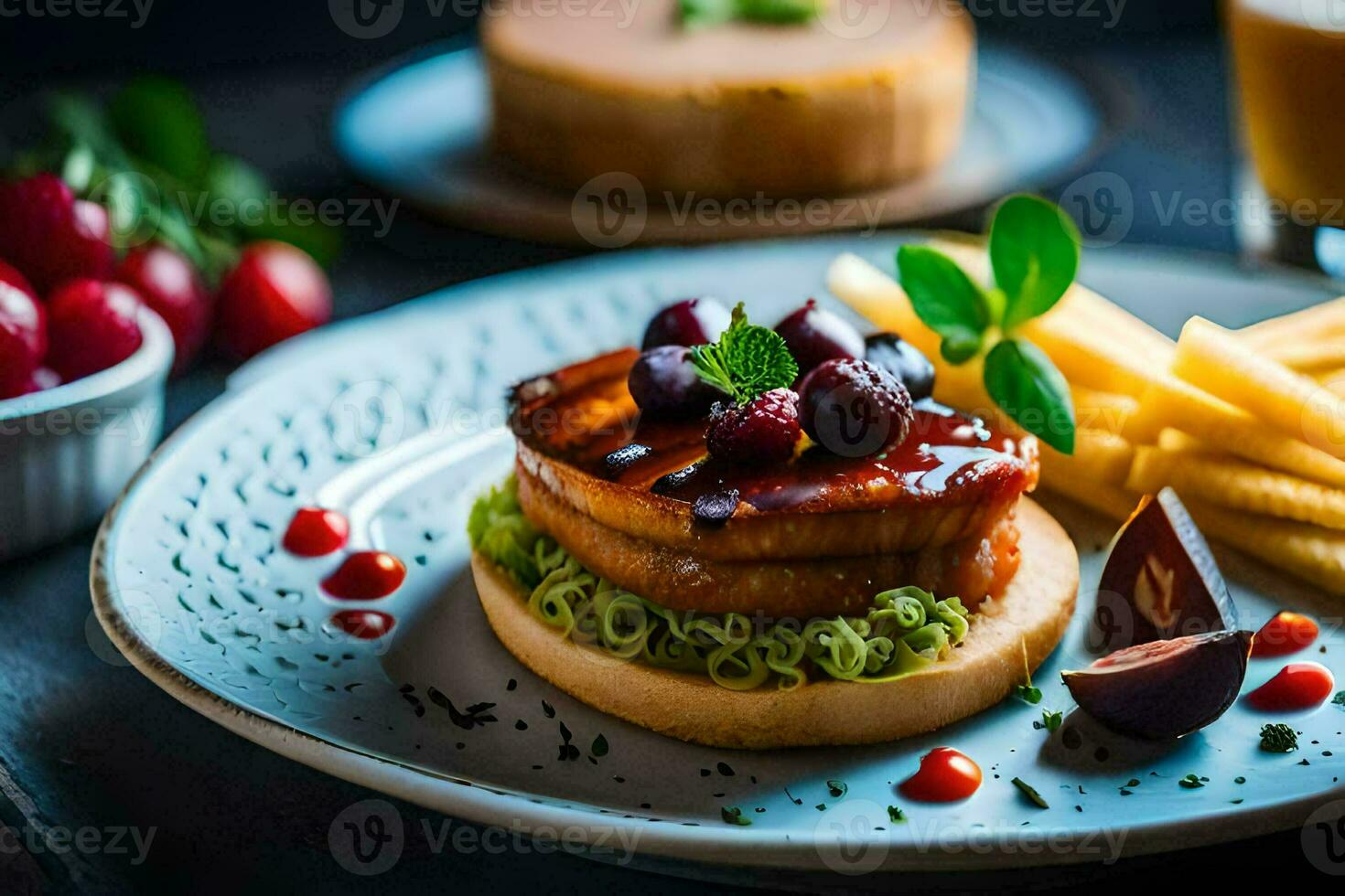 a plate with a burger and fries on it. AI-Generated photo