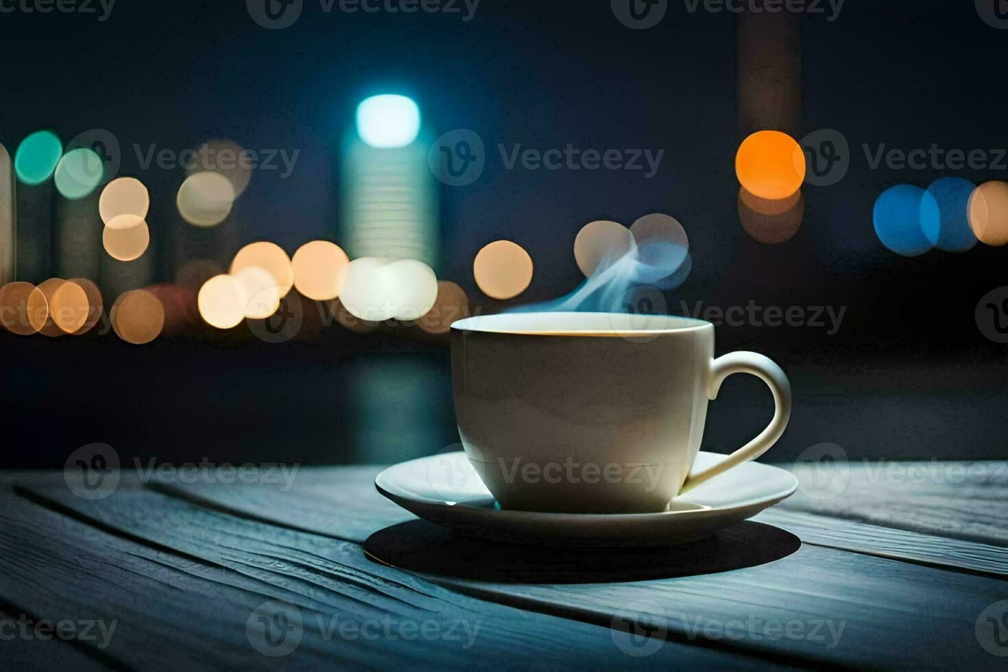 a cup of coffee on a wooden table in front of a city skyline. AI-Generated photo