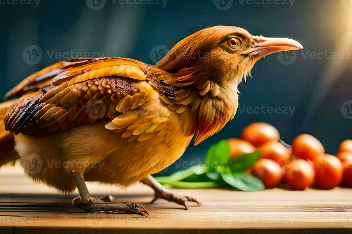 a chicken with red feathers standing on a table with tomatoes. AI-Generated photo