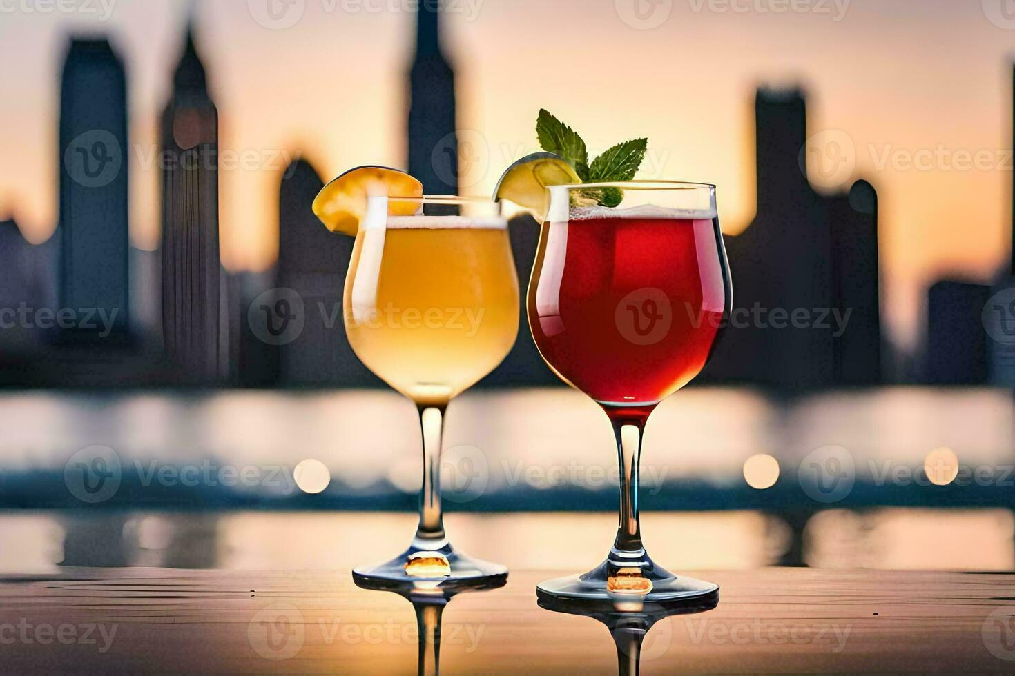 two glasses of drinks with a city skyline in the background. AI-Generated photo