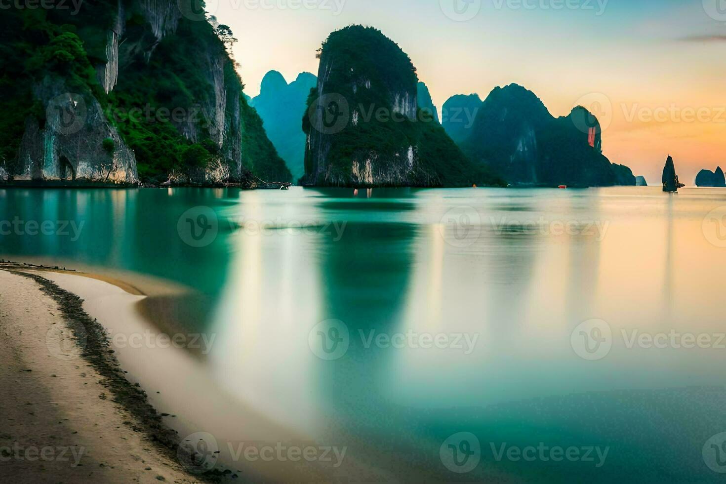 the beach and mountains in halong bay, vietnam. AI-Generated photo