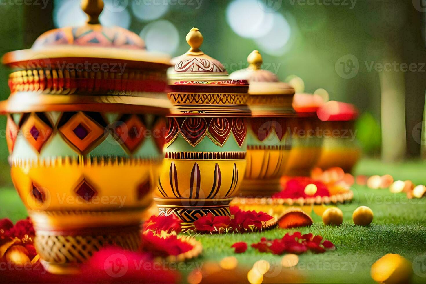 many colorful vases are lined up on the grass. AI-Generated photo