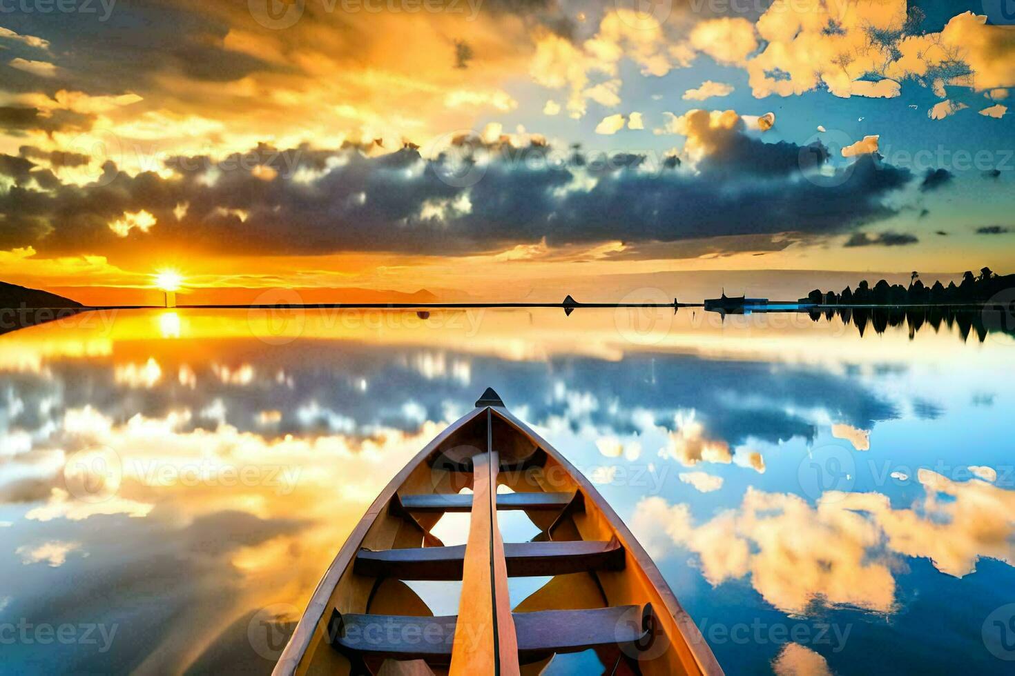 a boat is floating in the water at sunset. AI-Generated photo
