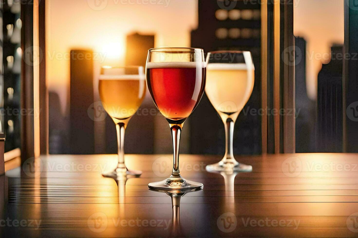 three glasses of wine on a table with cityscape in the background. AI-Generated photo