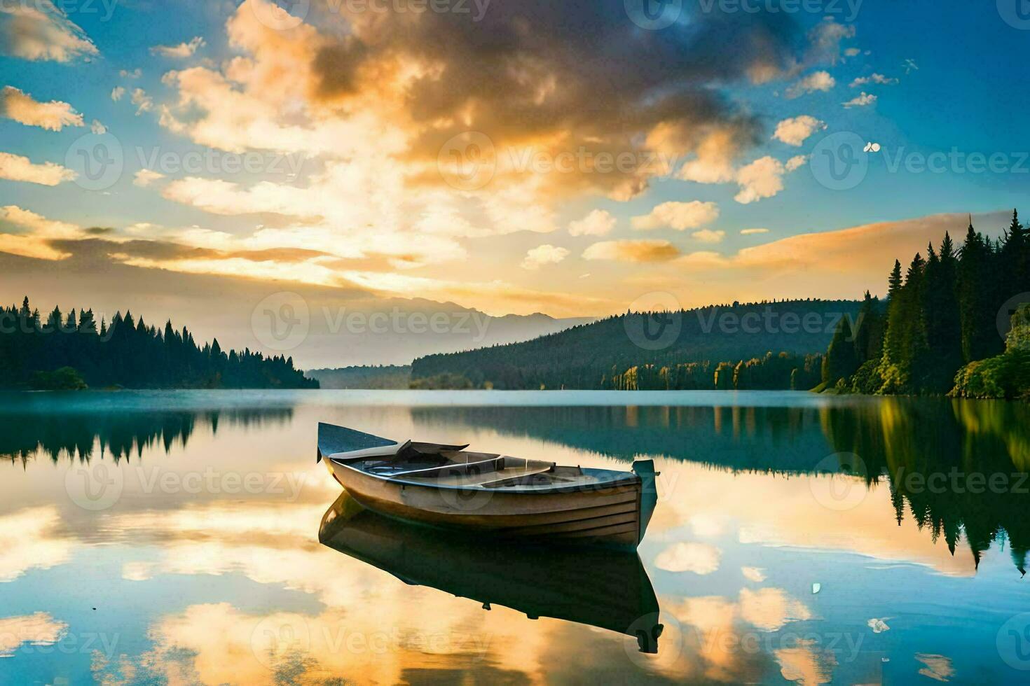 a boat sits on the calm waters of a lake at sunset. AI-Generated photo