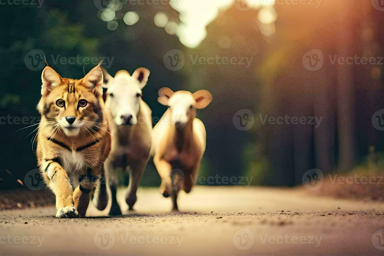 a cat and two sheep walking down a road. AI-Generated photo