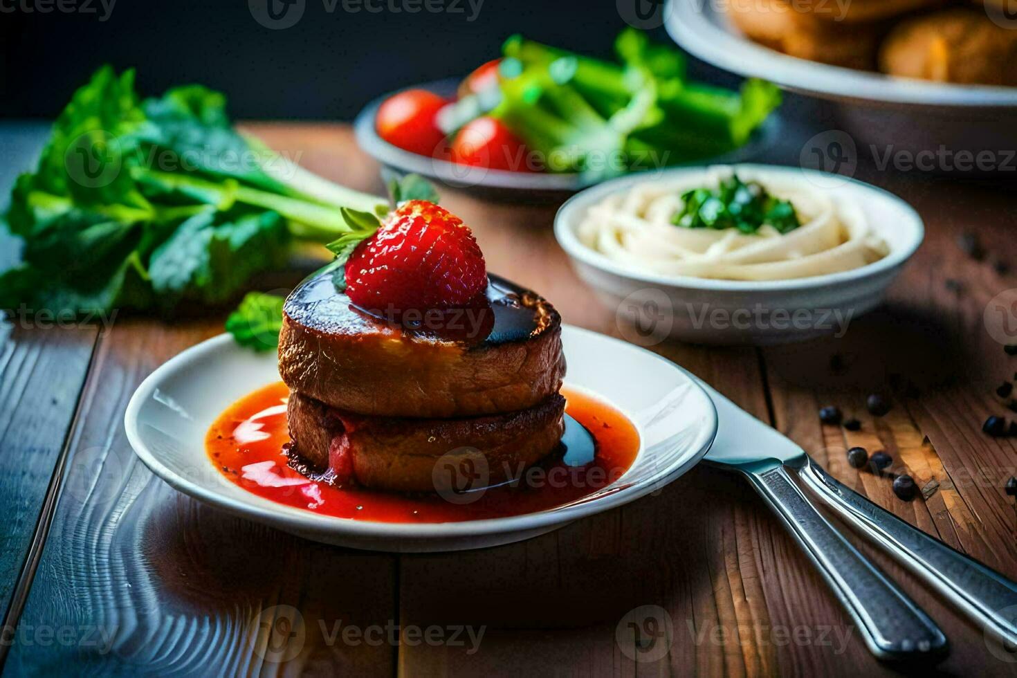 a plate with a strawberry and a slice of bread. AI-Generated photo