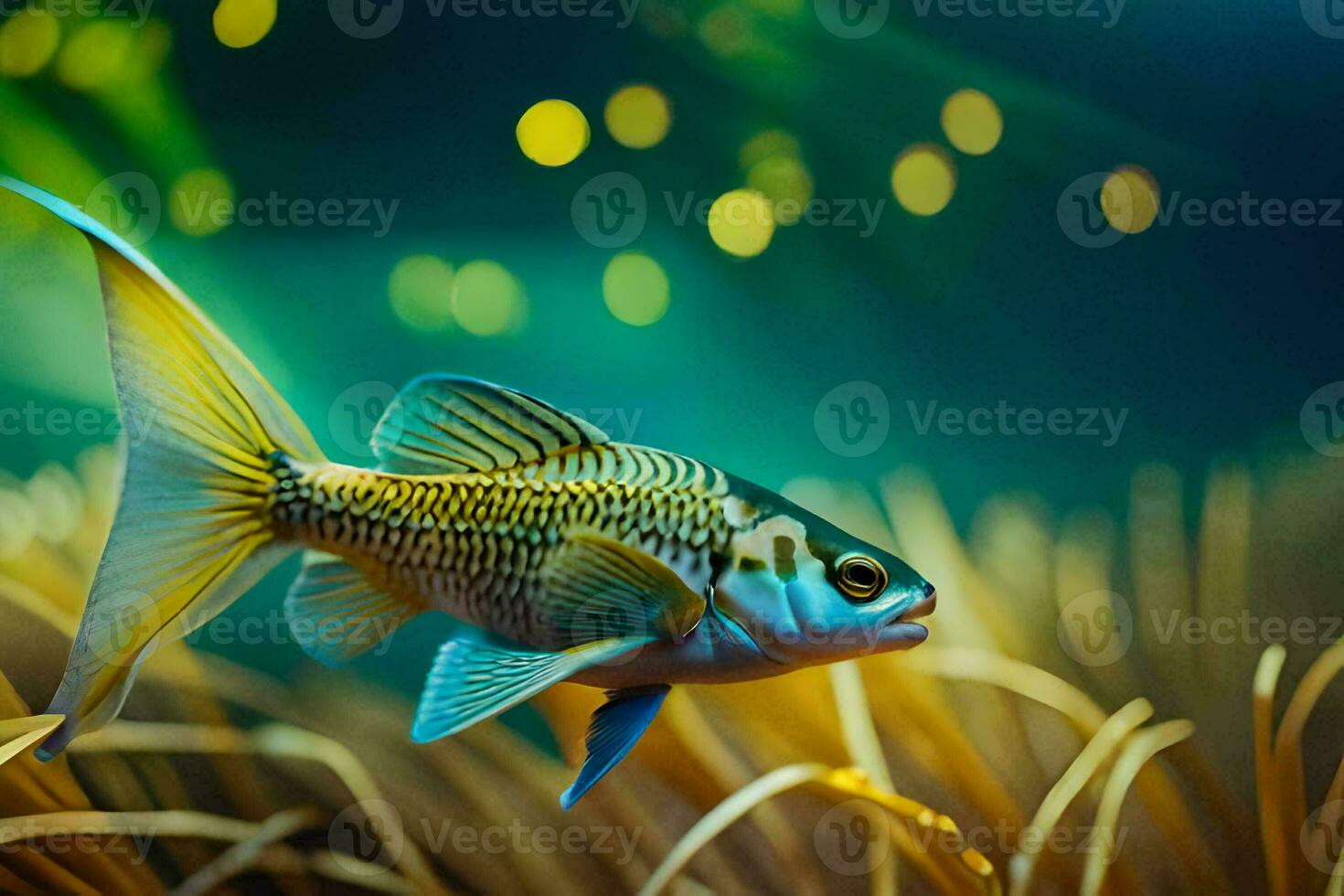 a fish swimming in the water with grass. AI-Generated photo