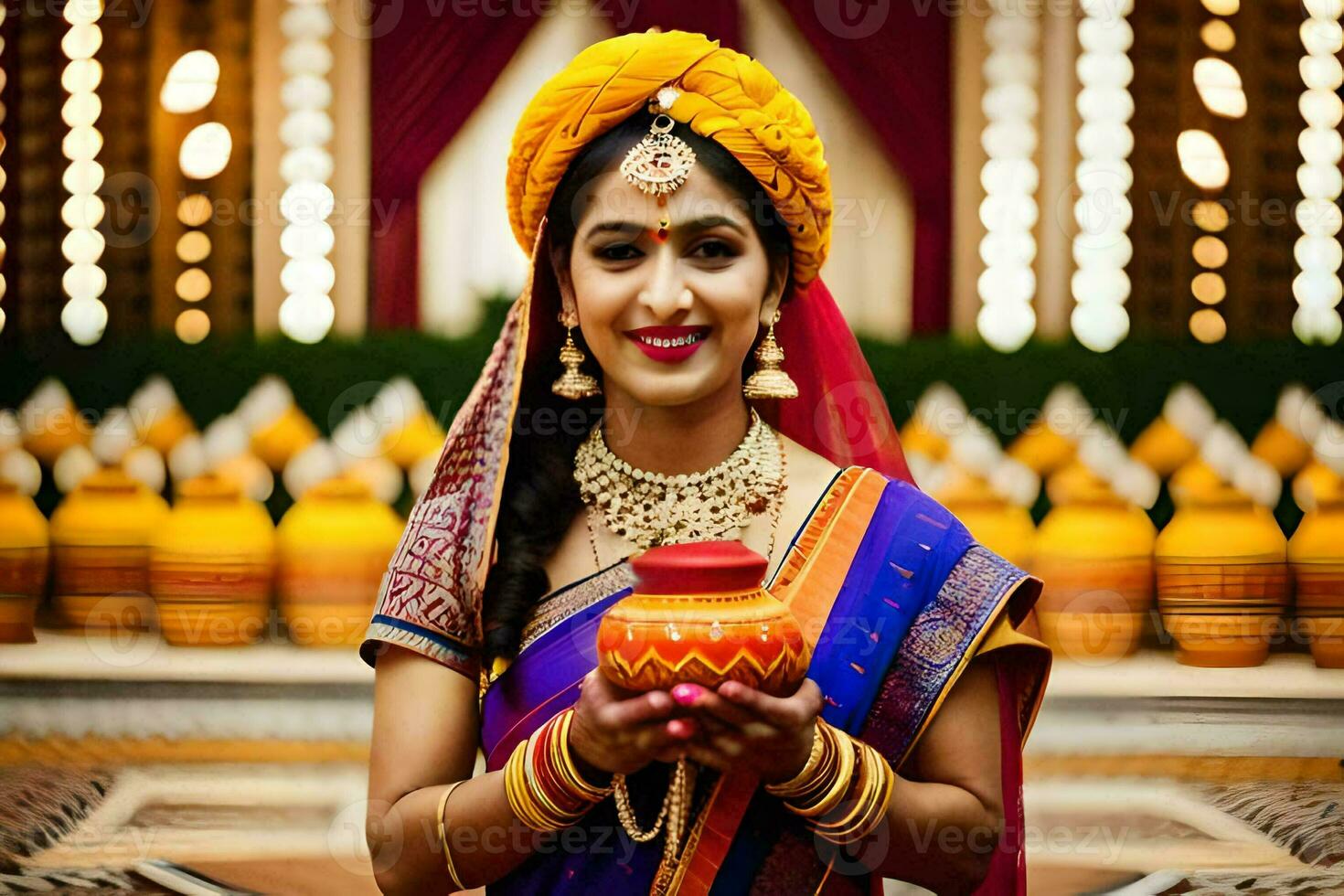 un mujer en tradicional indio atuendo participación un maceta. generado por ai foto