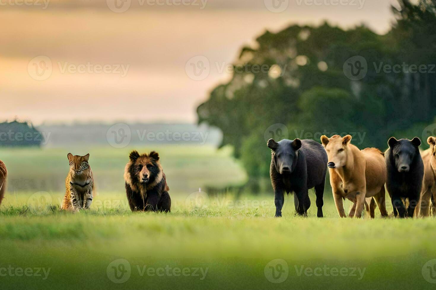 a group of animals are walking in a field. AI-Generated photo