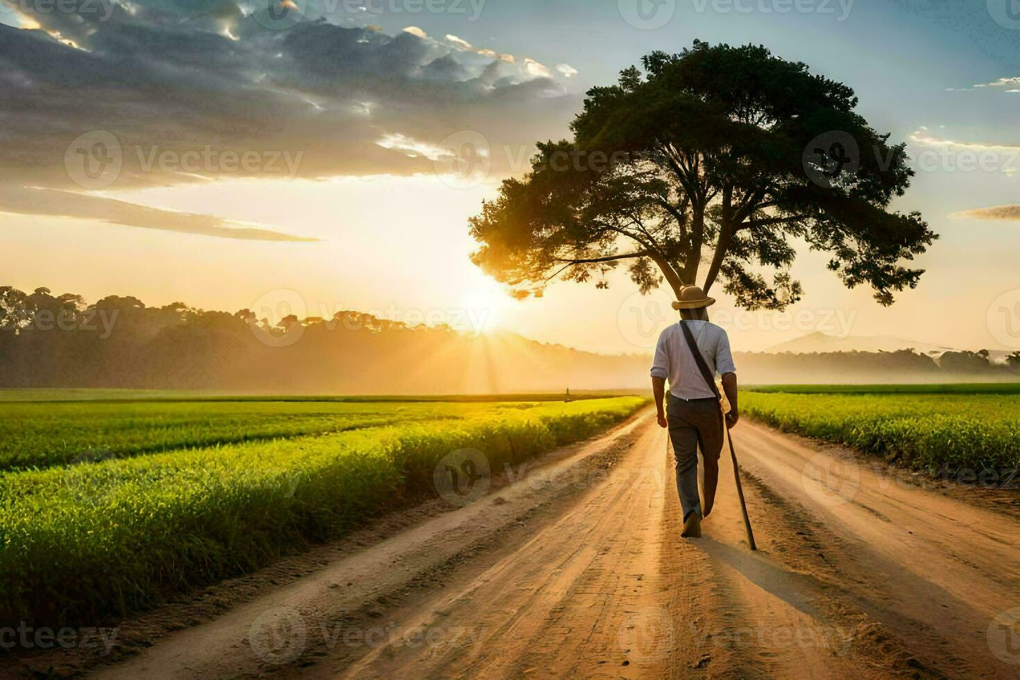 a man walking down a dirt road with a cane. AI-Generated photo