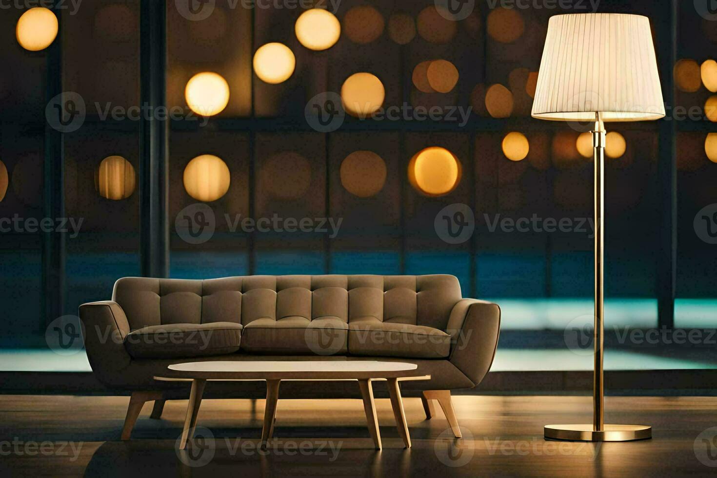 a living room with a couch and lamp. AI-Generated photo