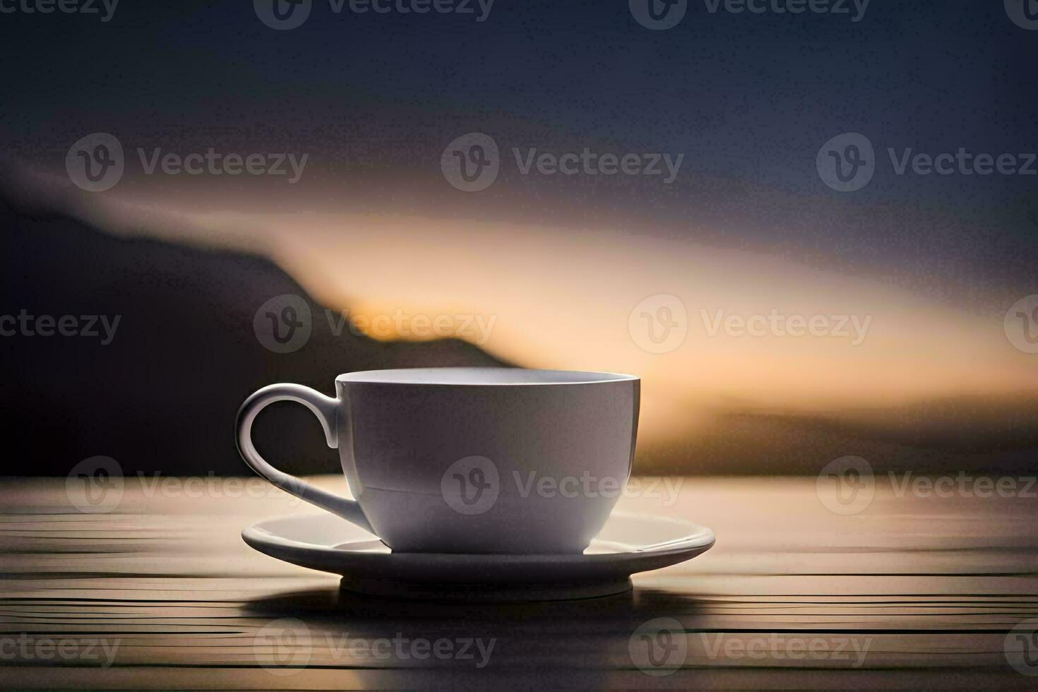 a cup of coffee on a table in front of a mountain. AI-Generated photo
