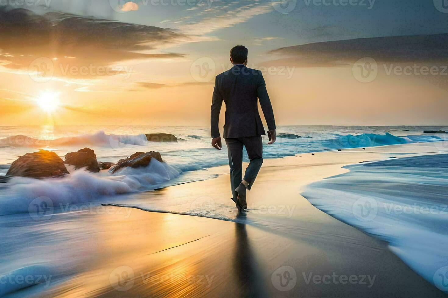 a man in a suit walks along the beach at sunset. AI-Generated photo