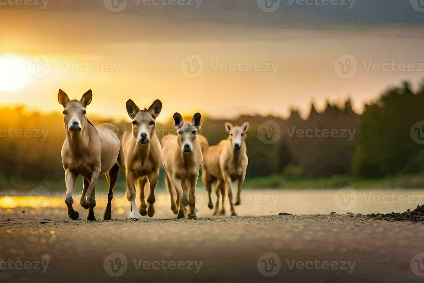 a group of horses running across a field at sunset. AI-Generated photo