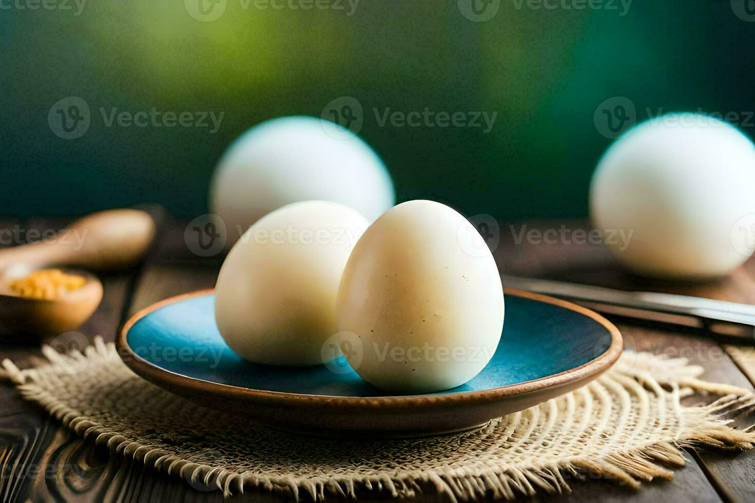three eggs on a plate with a spoon. AI-Generated photo