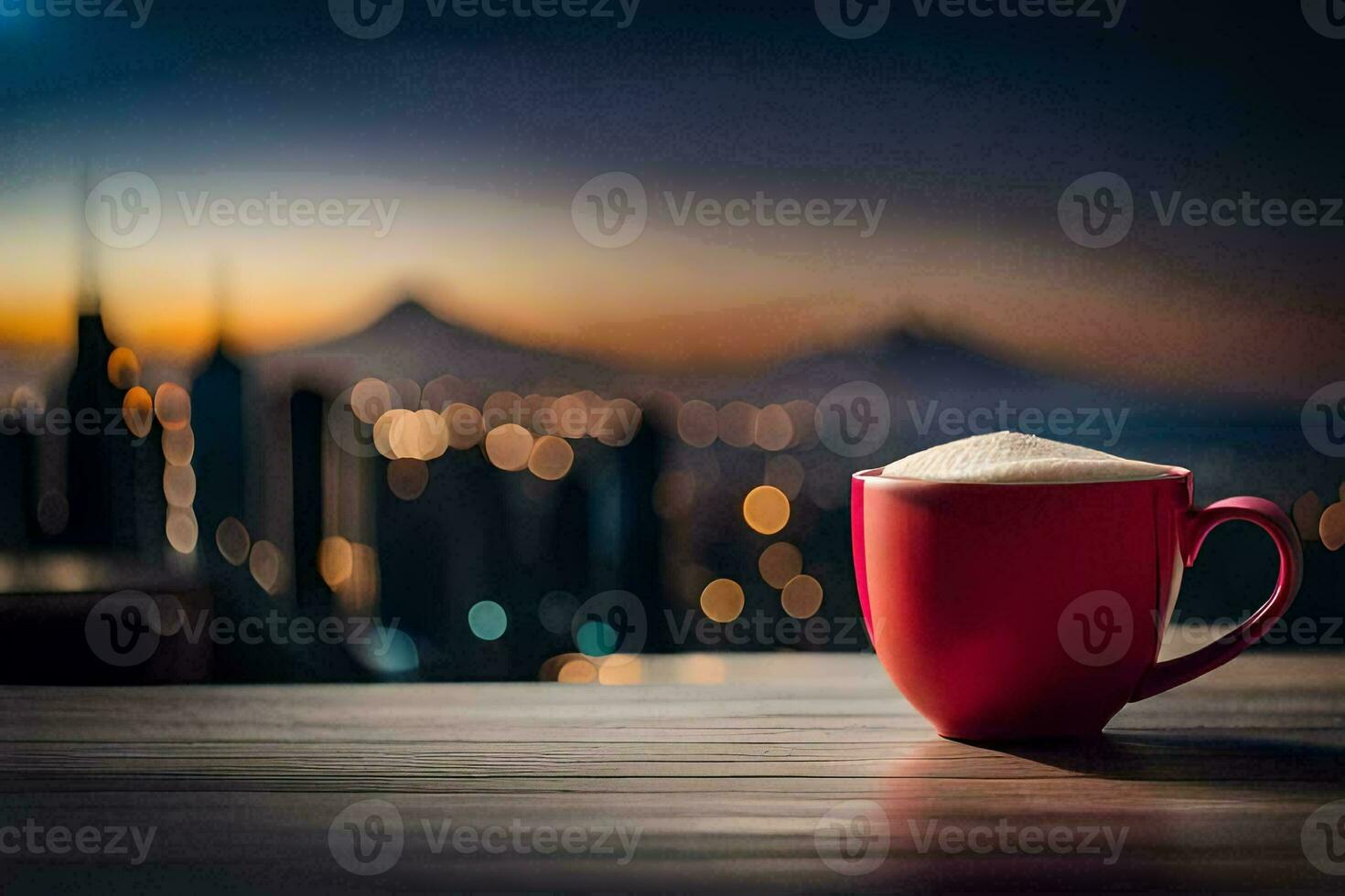 a cup of coffee on a wooden table in front of a cityscape. AI-Generated photo