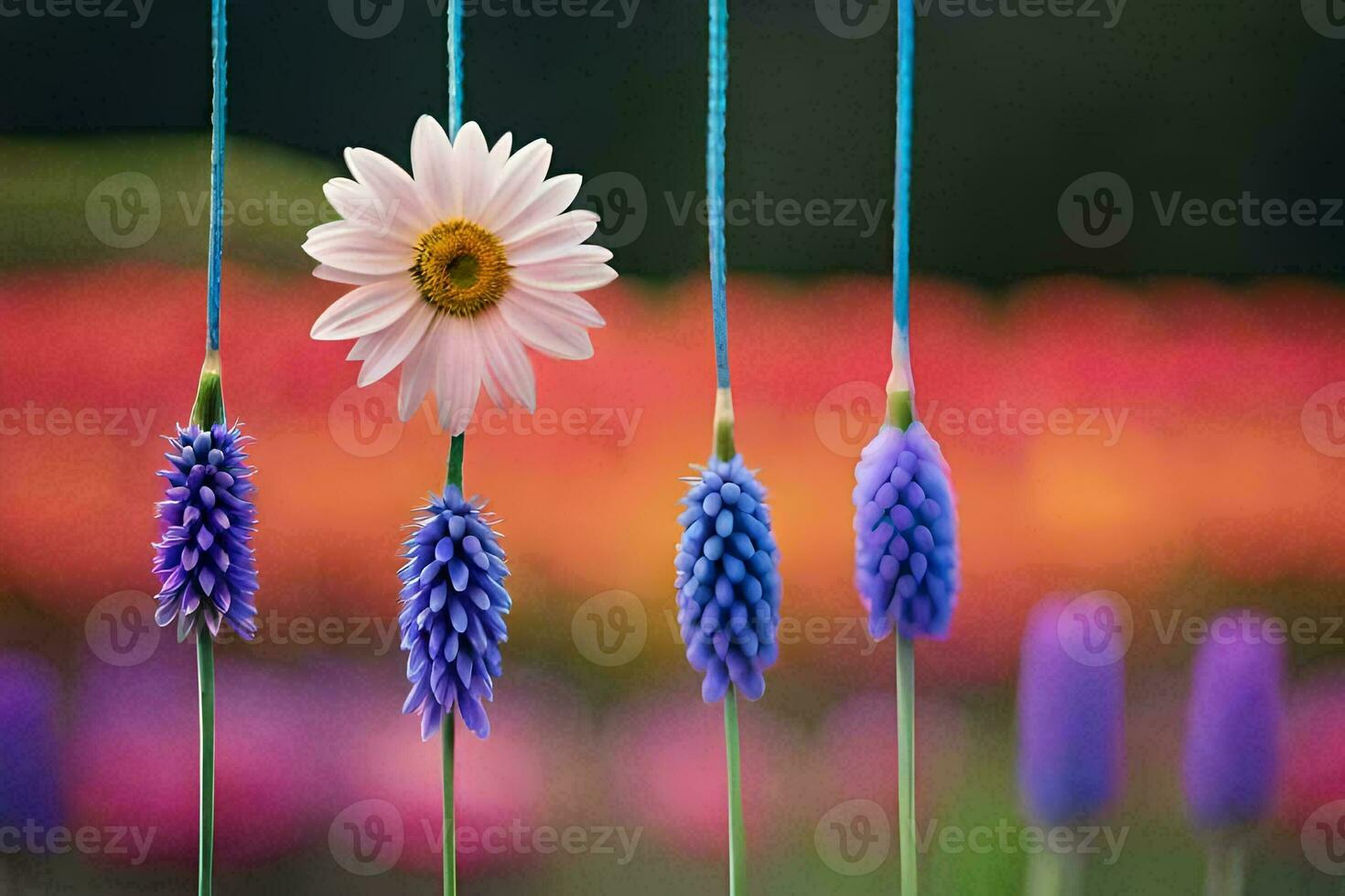 a flower is hanging from a string in front of a field of flowers. AI-Generated photo