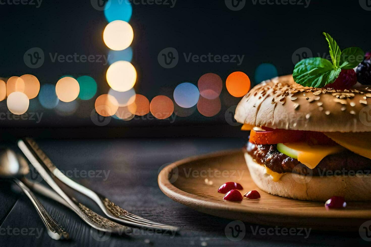 a hamburger with cheese, tomatoes and pomegranate on a wooden plate. AI-Generated photo