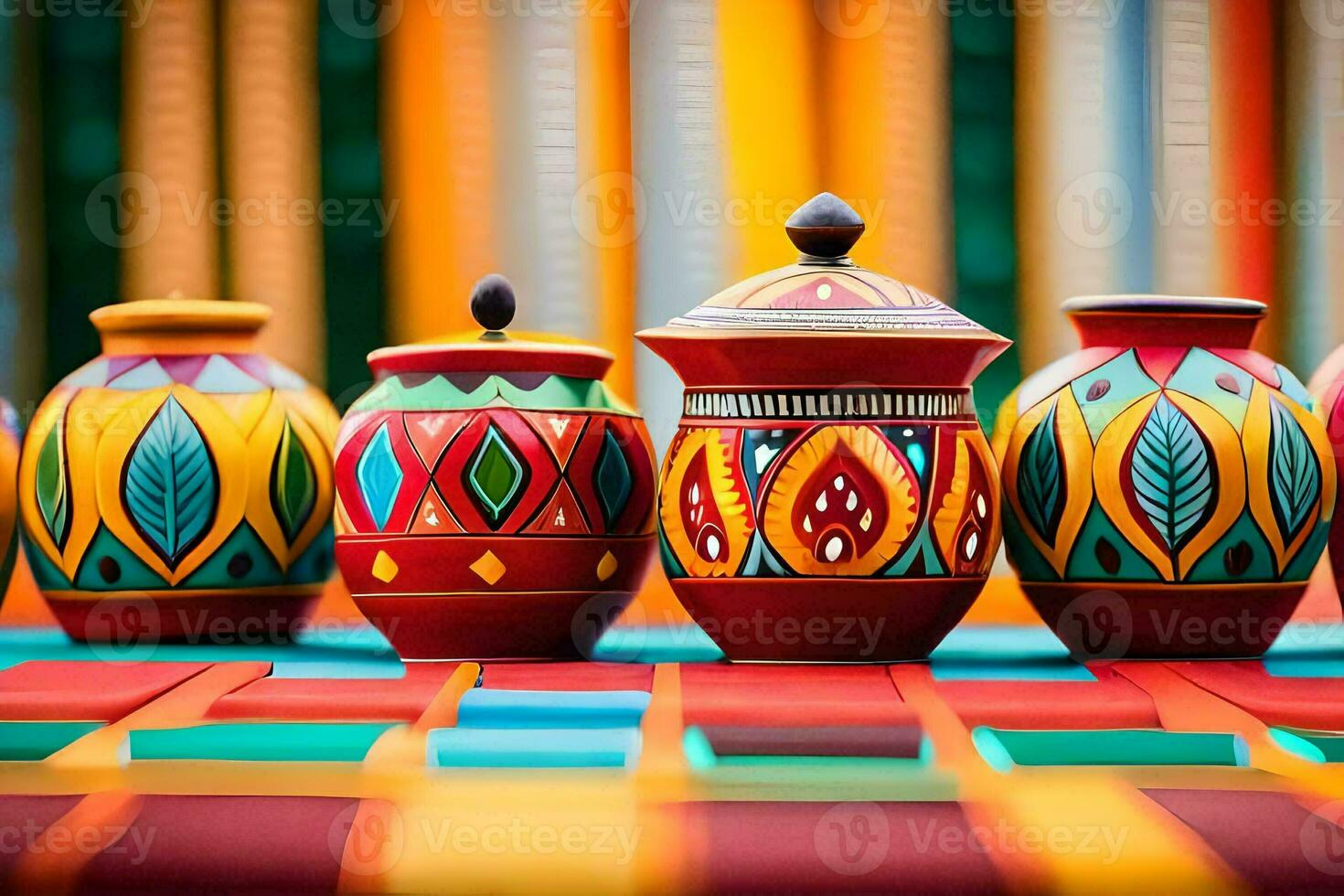 colorful pottery on a table. AI-Generated photo