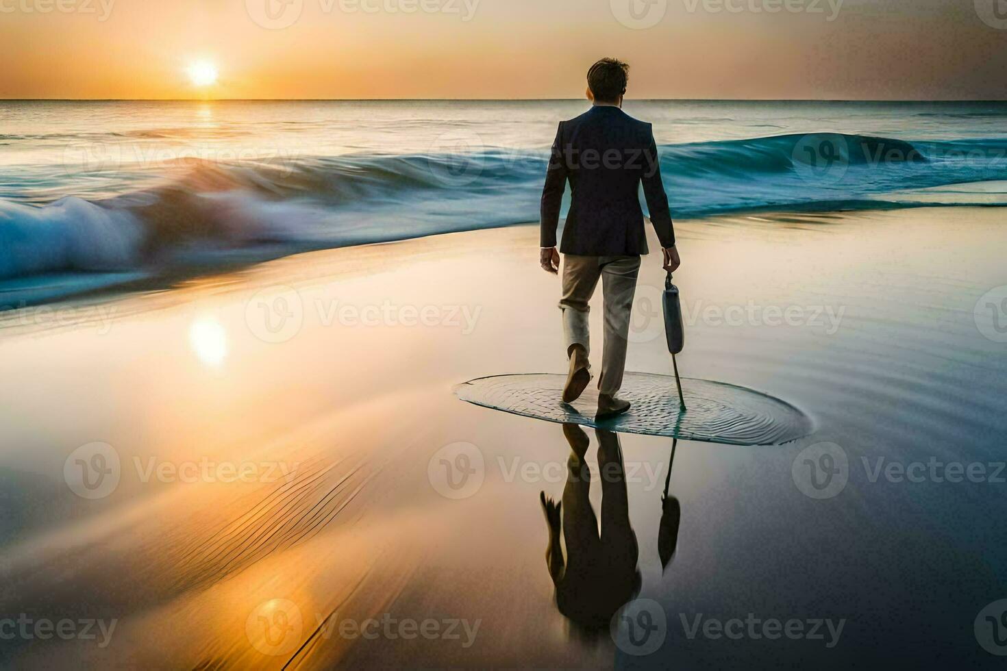 a man in a suit walks on the beach at sunset. AI-Generated photo