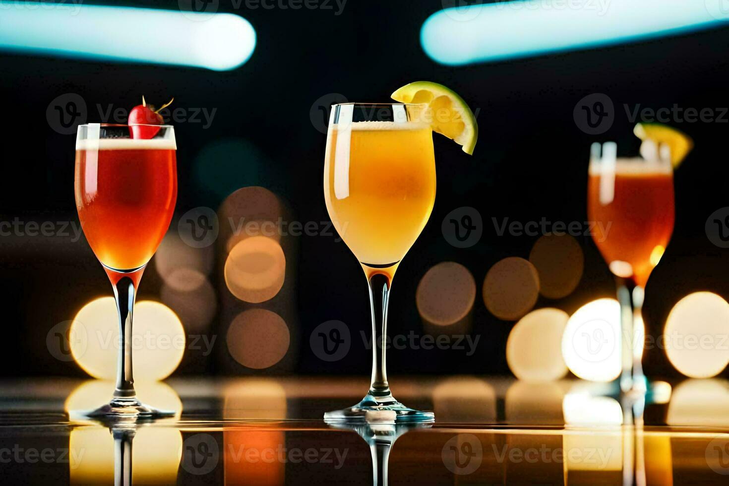 three glasses of different drinks on a table. AI-Generated photo