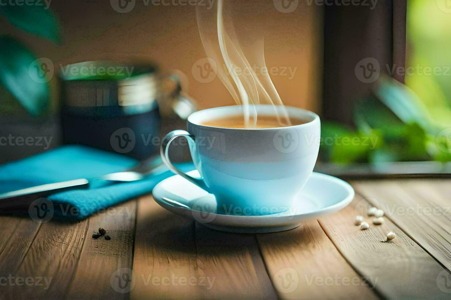 a cup of coffee on a wooden table. AI-Generated photo