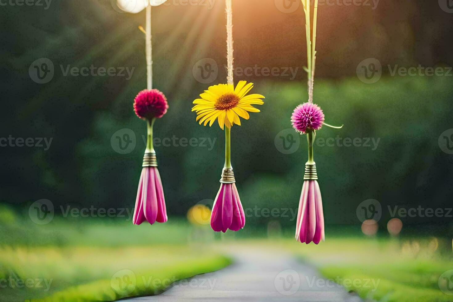 three flowers hanging from strings on a path. AI-Generated photo