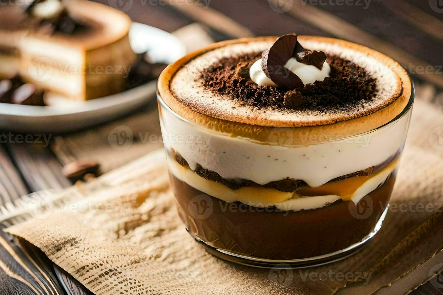 a dessert with chocolate and coffee on a wooden table. AI-Generated photo