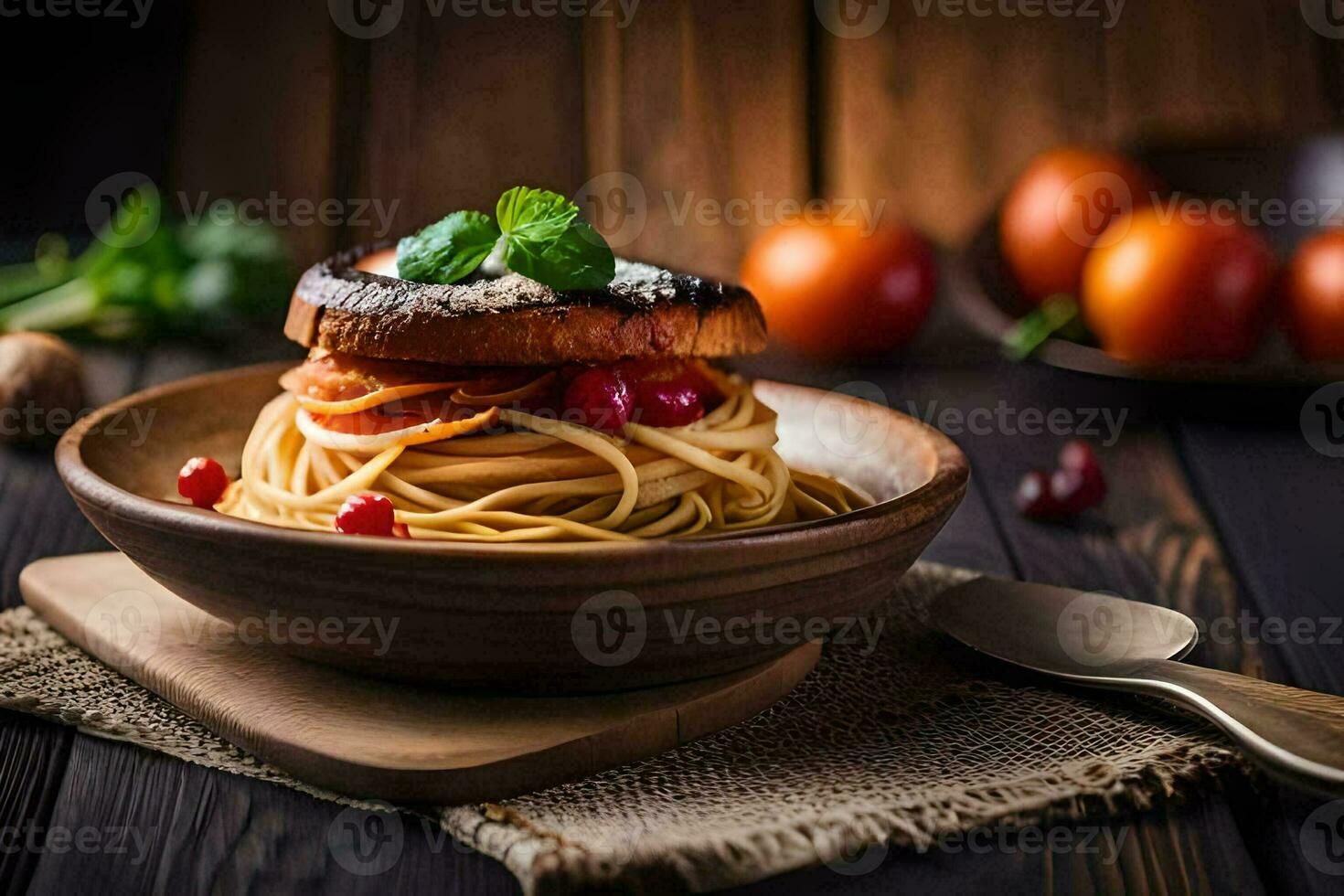spaghetti with meat and vegetables in a wooden bowl. AI-Generated photo