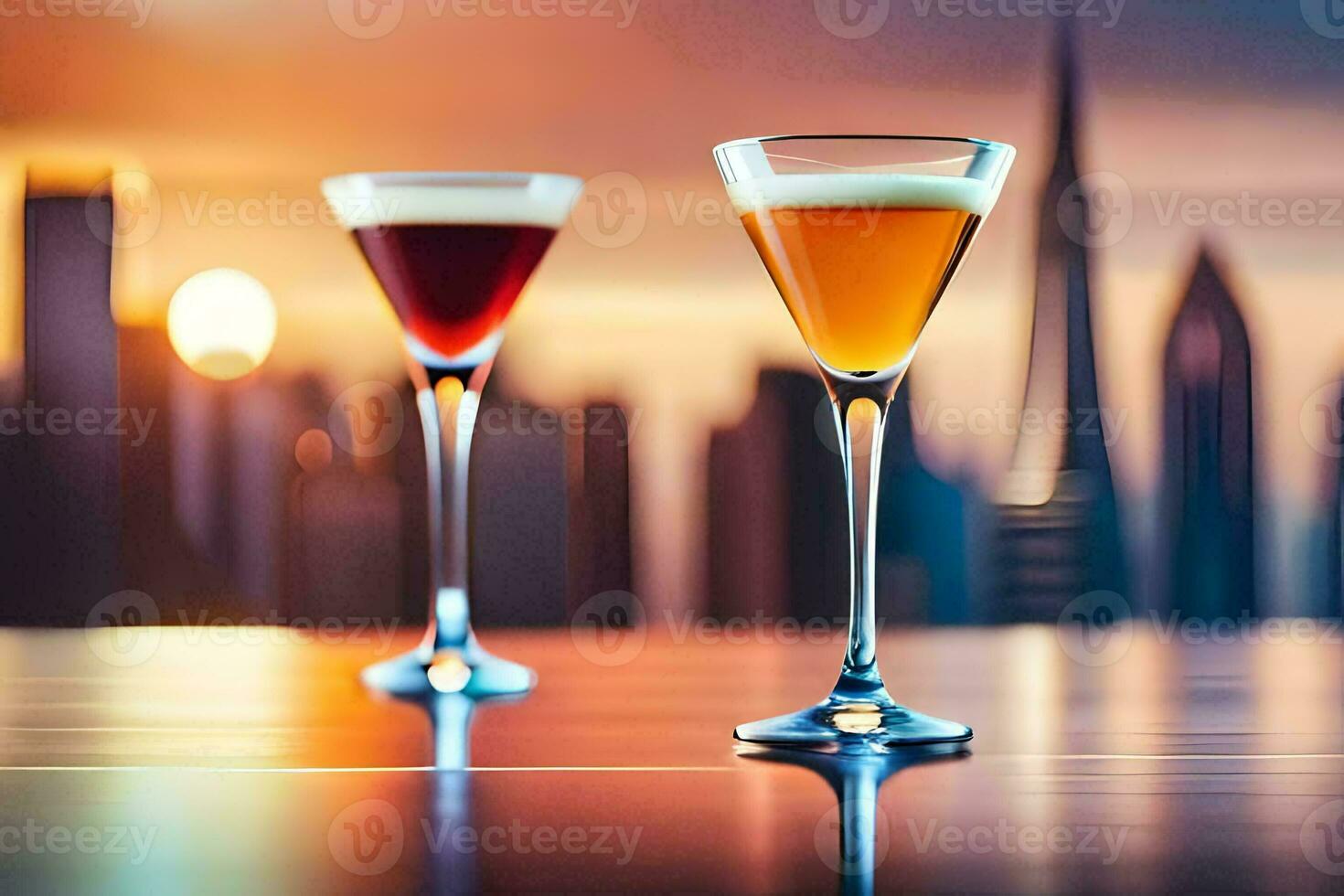 two glasses of alcohol on a table in front of a city skyline. AI-Generated photo