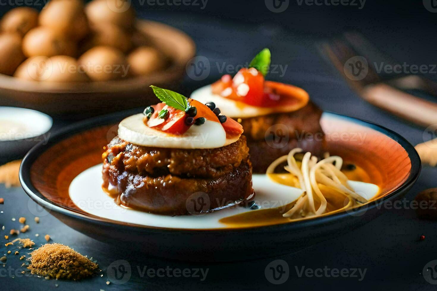 a plate with two meatballs and sauce. AI-Generated photo