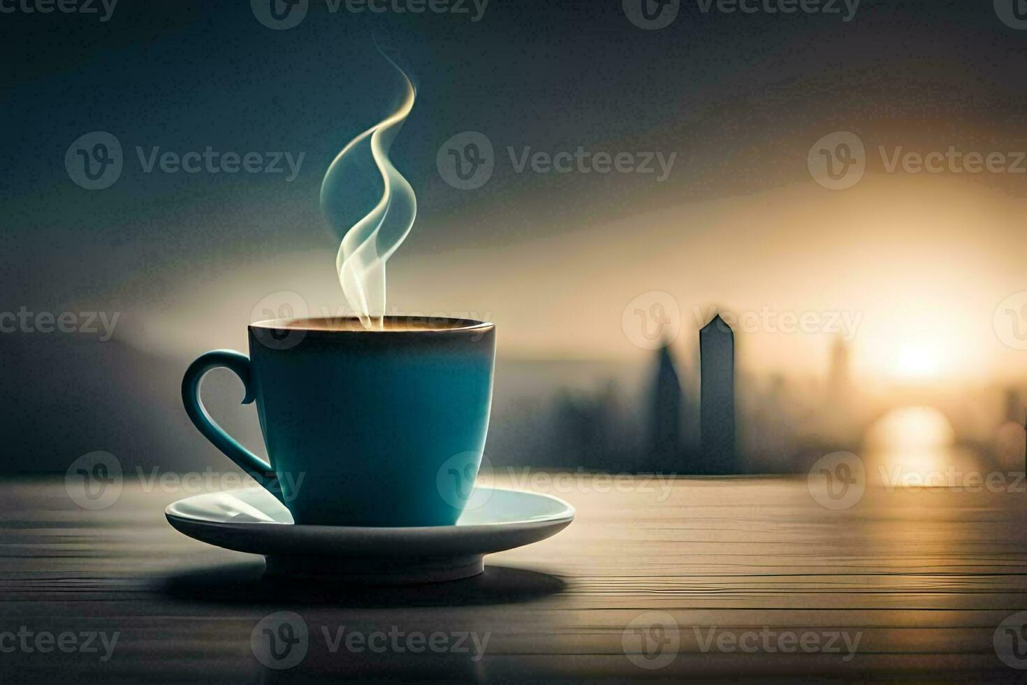 a cup of coffee on a table with a city in the background. AI-Generated photo